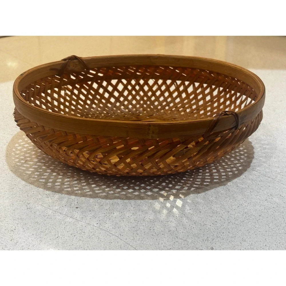 Vintage Woven Bamboo Basket Oval Lattice Diamond Pattern Boho Decor